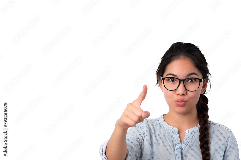 Copy Space Portrait: Asian Woman, Either a Teacher or Student, Pointing Her Finger, Isolated on Transparent Background, PNG Copy Space Portrait: Asian Woman, Either a Teacher or Student, Pointing Her Finger, Isolated on Transparent Background, PNG