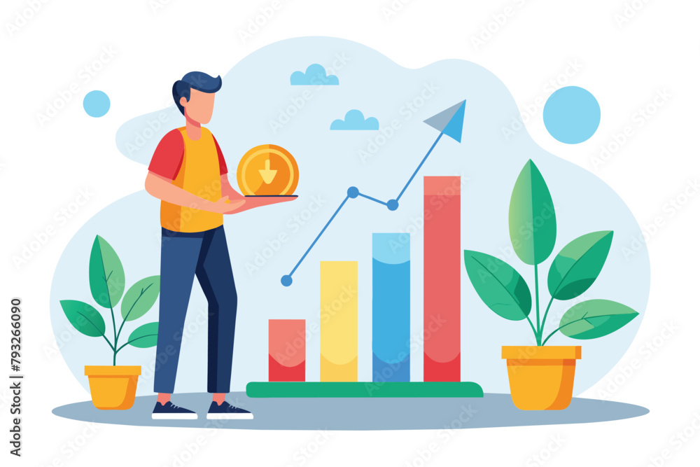 A man stands in front of a bar chart, analyzing data while holding a coin in his hand, Person analyzing growth graph, Simple and minimalist flat Vector Illustration A man stands in front of a bar chart, analyzing data while holding a coin in his hand, Person analyzing growth graph, Simple and minimalist flat Vector Illustration
