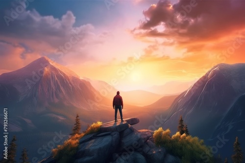 A man standing on top of a mountain as the sun sets. Goals and achievements concept photo composite. Concept vision, Hiker looking mountain and enjoying sunrise. High quality photo © AminaDesign