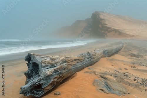 driftwood on the foggy beach at sunrise, Namib desert, Namibia photo