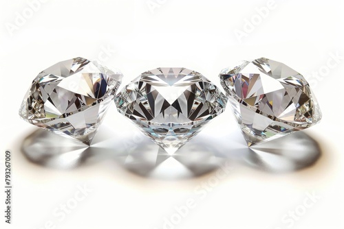 Three sparkling diamonds on a clean white background. Perfect for luxury and jewelry concepts