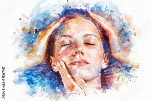 A painting of a woman with her eyes shut, showcasing a moment of introspection and inner reflection photo