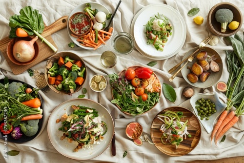 Eco-friendly feast with a variety of garden-fresh vegetables and salads. Zero-waste meal