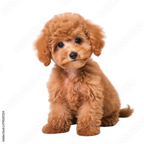 A cute and cheerful toy poodle puppy with apricotcolored fur sits on a white background