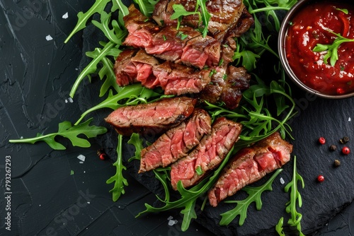 A plate of steak with a side of sauce. Perfect for restaurant menus