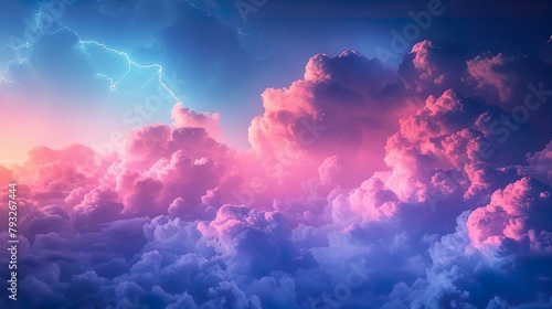 Pastel summer sky background. Fantasy pink and blue clouds in the sky with lightning. Candy fluffy texture. Fairy paradise. Realistic soft cloudy sunset landscape. Sweet dream design.