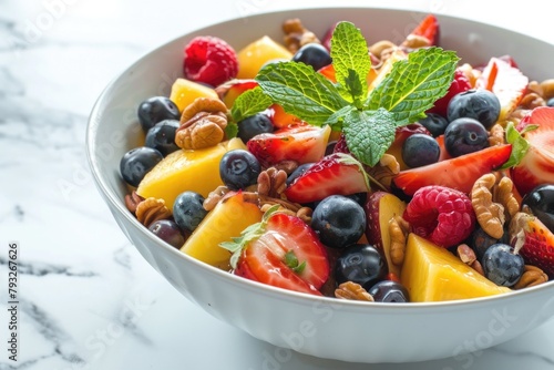 A bowl of assorted fruits, nuts, and mint leaves. Perfect for healthy eating concepts