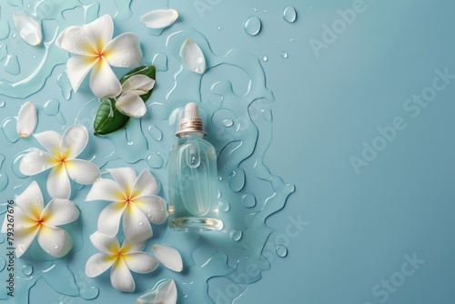 Close up of a perfume bottle on a blue background. Great for beauty and fragrance concepts
