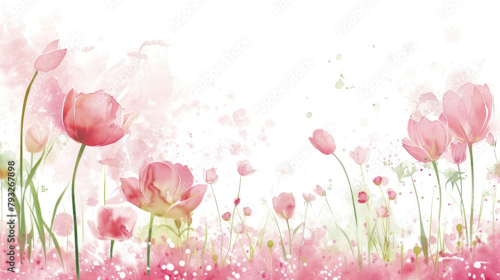 A painting featuring pink flowers against a clean white backdrop. The delicate petals and vibrant colors stand out in this simple yet elegant composition