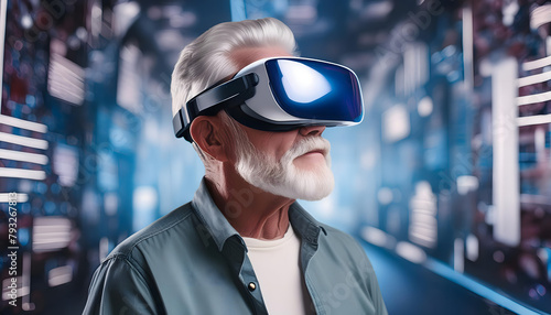 Portrait of a senior man with virtual reality headset. Immersive interactive vr technology. © Patrick Helmholz