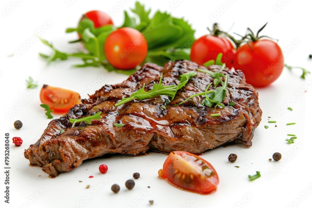 Succulent steak served with fresh tomatoes and aromatic herbs. Perfect for food blogs or restaurant menus