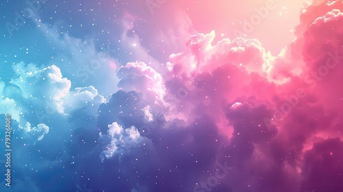 Fantasy pink and blue clouds in the sky. Pastel summer sky background. Candy fluffy texture. Fairy paradise. Realistic soft cloudy sunset landscape. Sweet dream design.