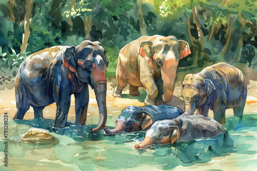 Fototapeta Naklejka Na Ścianę i Meble -  Herd of elephants standing in a body of water, bathing and drinking under the sun