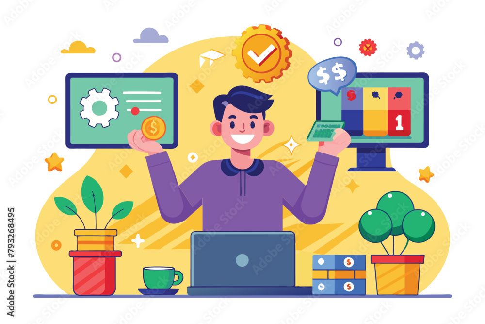 A man is seated in front of a laptop computer, engaged in work or leisure activities, play games and get jackpot money, Simple and minimalist flat Vector Illustration