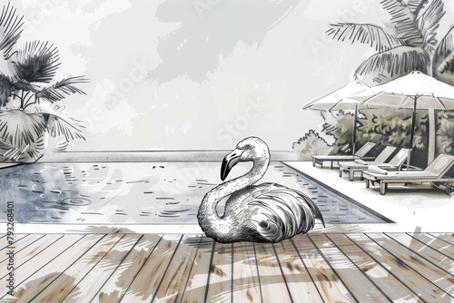 A vibrant drawing of a flamingo standing gracefully in a pool. Perfect for tropical themed designs