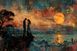 A couple is standing on a cliff overlooking a body of water. Tanabata, The Star-Crossed Lovers' Festival
