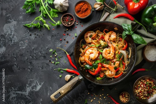 A pan filled with shrimp and vegetables on a table. Perfect for food bloggers or recipe websites