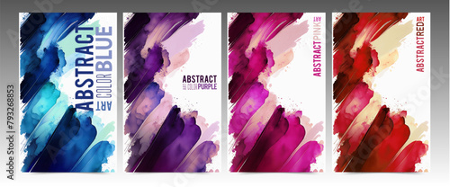 Watercolor modern cover set. Stains and overlapping brushstrokes of varnish and ink with blank space for text. Colorful artistic brochures, flyers, booklet, presentations, creative cards.