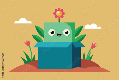 A green box with a flower placed on top, showcasing a simple and minimalist design, Pleasant surprise, Simple and minimalist flat Vector Illustration