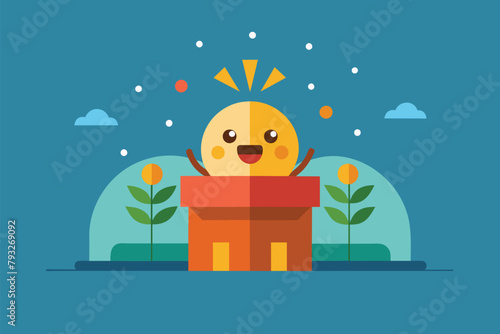 A yellow bird rests atop a box, displaying bright colors against a simple background, Pleasant surprise, Simple and minimalist flat Vector Illustration
