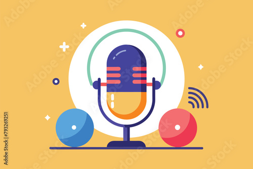 A microphone and two balls arranged on a yellow background in a simple and minimalist style, Podcast element, Simple and minimalist flat Vector Illustration