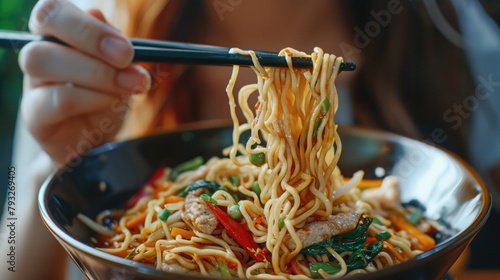 A woman holding chopsticks over a bowl of noodles. Perfect for food and Asian cuisine concepts