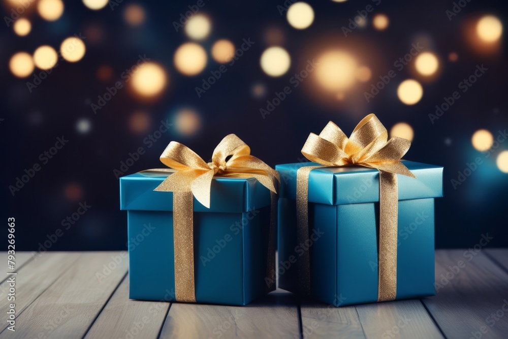 Blue gift box wrapped in paper on festive background with golden particles. Beautiful golden bow on the gift. Celebration concept. Holiday wallpaper. High quality photo Blue gift box wrapped in paper on festive background with golden particles. Beautiful golden bow on the gift. Celebration concept. Holiday wallpaper. High quality photo