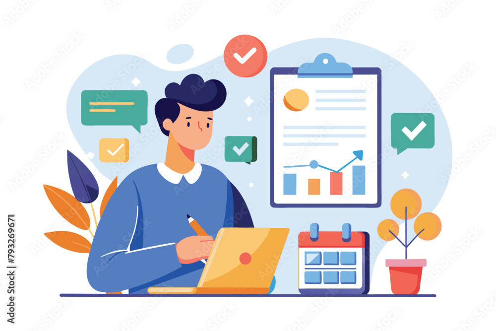 Person Working at Desk With Laptop, prepare monthly report business data, Simple and minimalist flat Vector Illustration Person Working at Desk With Laptop, prepare monthly report business data, Simple and minimalist flat Vector Illustration