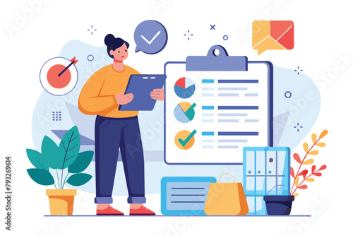A person is standing next to a clipboard with a checklist on it, appearing to review or update information, prepare monthly report business data, Simple and minimalist flat Vector Illustration