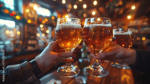A group of people raising beer glasses in a bar toast