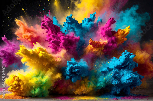 A colorful explosion powder, with a rainbow of colors filling the air