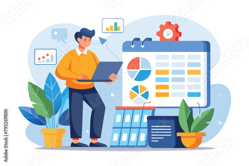 A man is standing in front of a large calendar, possibly reviewing dates and scheduling events, analysts prepare monthly reports, calendar chart, Simple and minimalist flat Vector Illustration