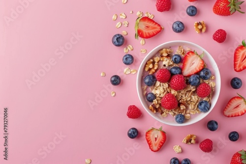 A delicious bowl of cereal with fresh strawberries and blueberries. Perfect for breakfast or healthy eating concepts