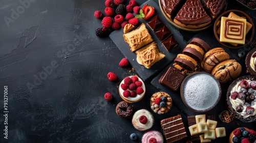 Assortment of confectionery, different types desserts on dark table. Panorama, banner, copy space 