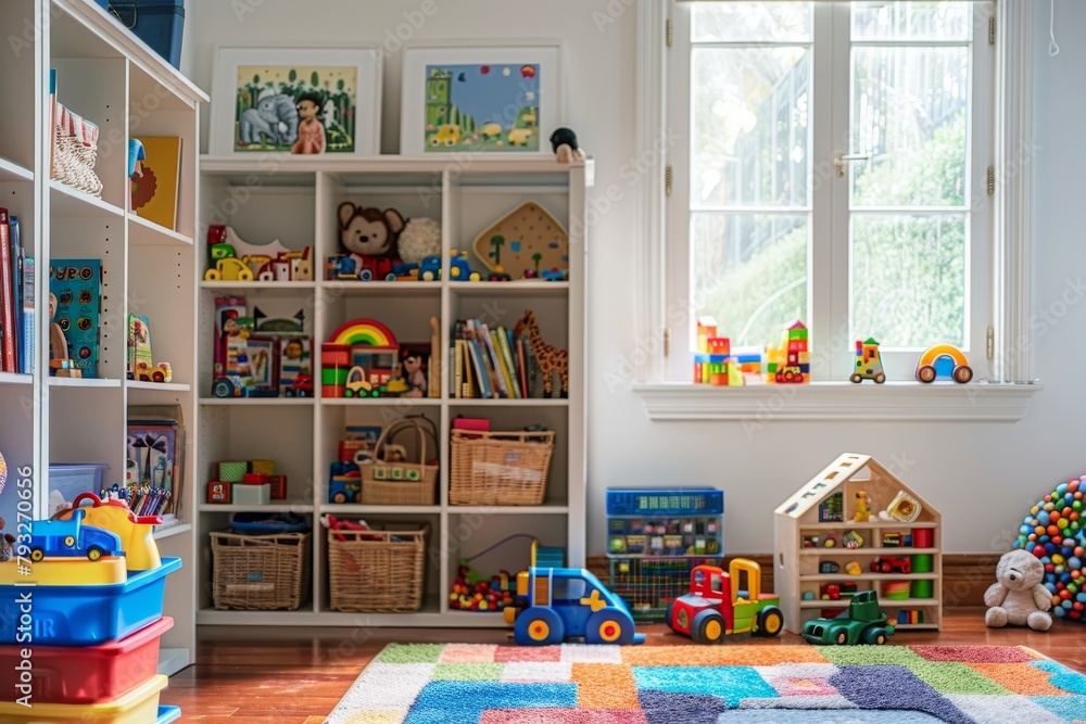 Clean and organized childs playroom with a variety of toys, books, and a designated play area