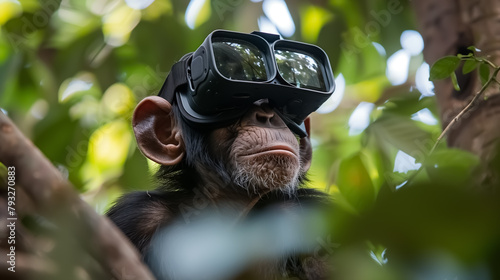 Wild monkey wearing virtual reality headset © Loucine