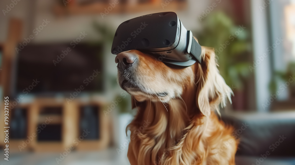 Obraz premium Dog wearing virtual reality headset, sitting in the sofa