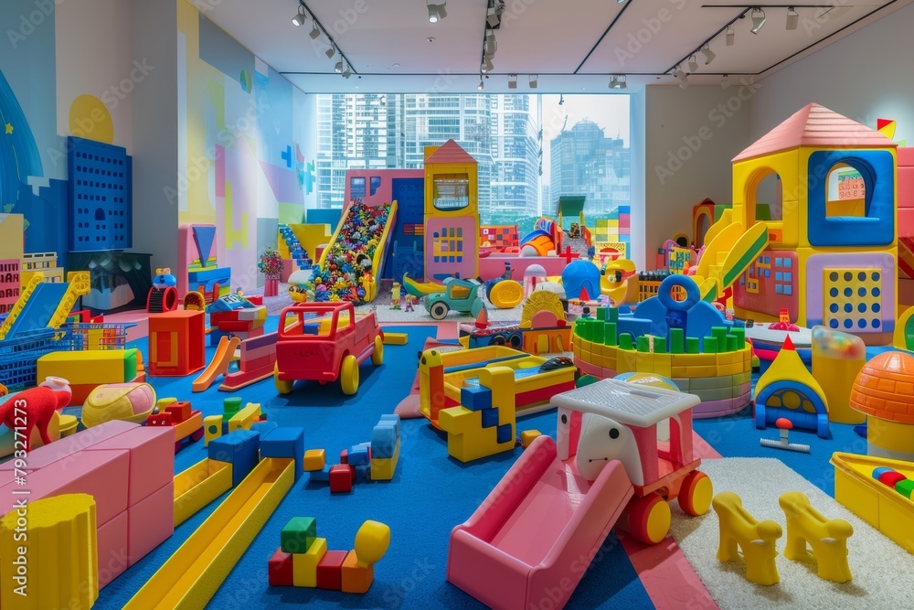 Vibrant and dynamic play area with colorful toys and games for kids for active play and fun