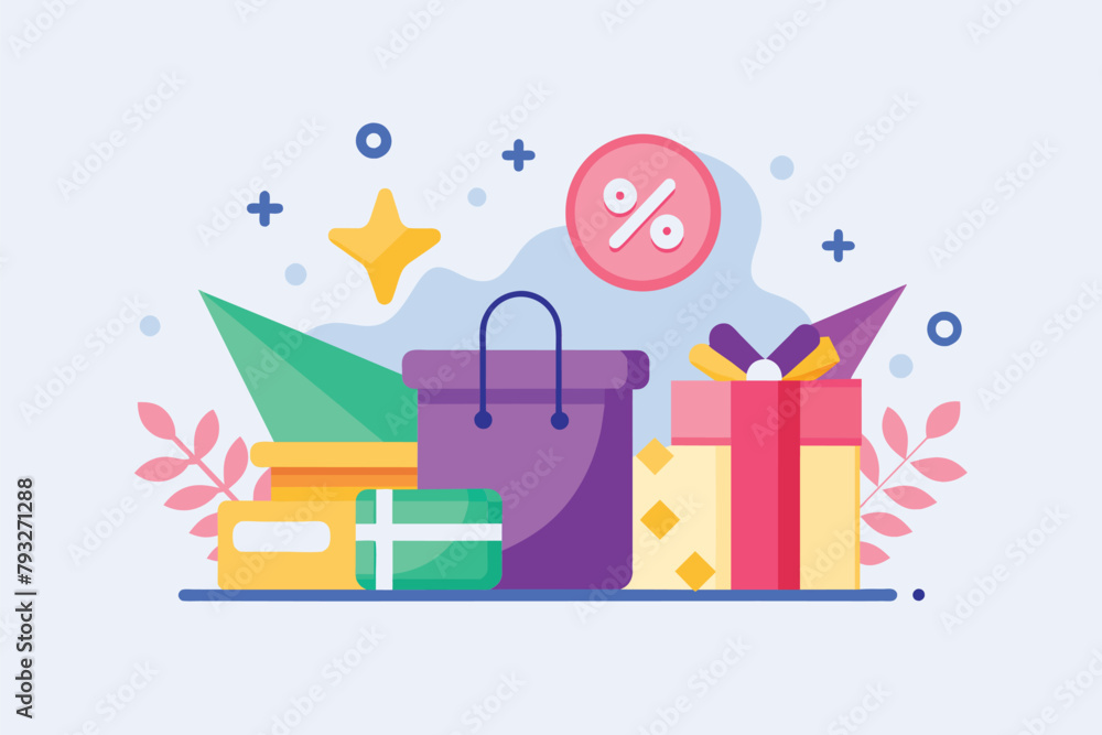 A pile of presents sits next to a bag, ready for distribution or gifting, Product discount promotion advertisement, Simple and minimalist flat Vector Illustration