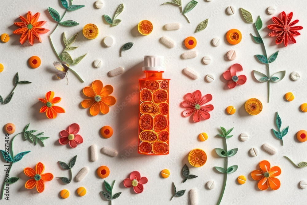 A bottle of pills surrounded by a variety of colorful flowers and leaves. Suitable for medical or natural health concepts A bottle of pills surrounded by a variety of colorful flowers and leaves. Suitable for medical or natural health concepts