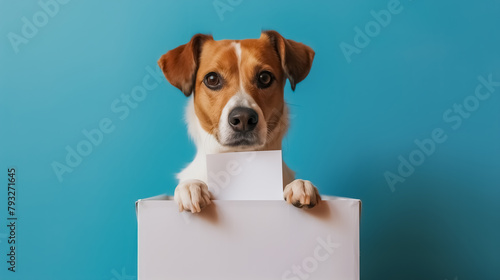 Dog putting ballot into voting box on blue background