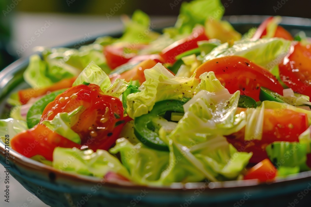A bowl of fresh salad with tomatoes and lettuce. Perfect for healthy lifestyle concepts