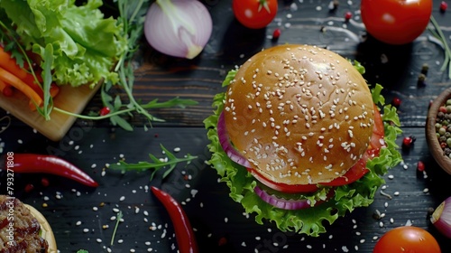 A delicious hamburger with fresh lettuce, tomato, and onion. Perfect for food and restaurant concepts