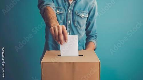 Man putting ballot into voting box on blue background, Elections voting, hand dropping vote photo