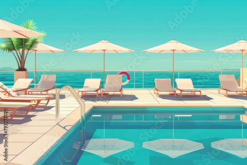 Relaxing oceanfront pool with lounge chairs and umbrellas. Ideal for travel and vacation concepts