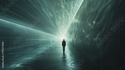 Image with futuristic lines and subtle lighting, man standing in the futuristic location © Loucine
