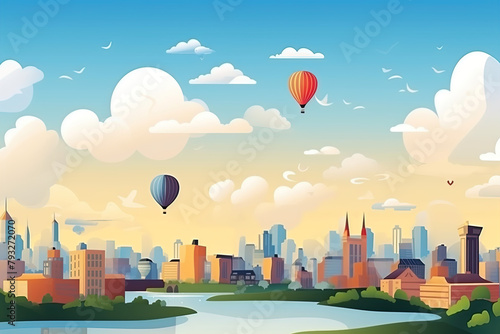 City skyline with hot air ballosns flying