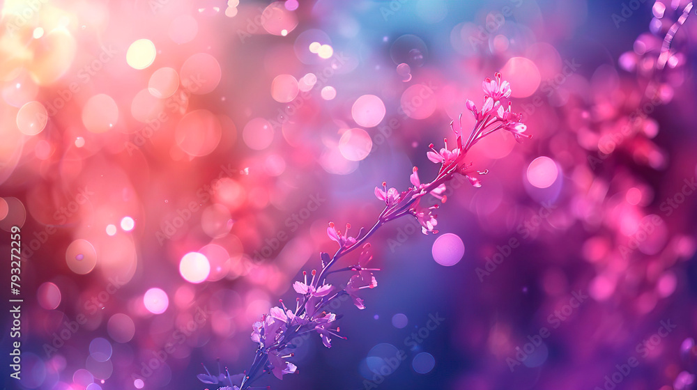 A blooming branch of an apple or cherry tree or sakura on a blurred pink background. Bokeh soft light abstract background with flower. Bokeh particles, background festive decoration. Copy space.