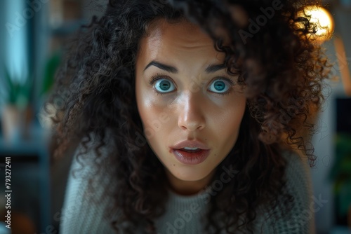 A young woman with curly hair, a surprised expression, and blue eyes. She has dark skin and is in an indoor setting, looking directly at the camera.
