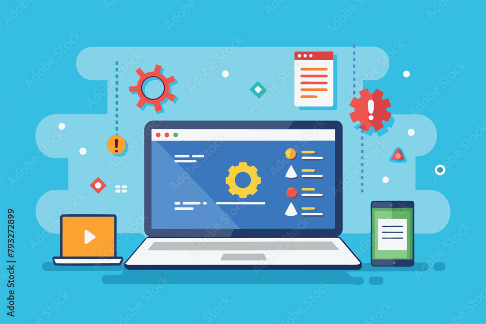 A laptop computer is placed on top of a desk, programming software problems on laptop, Simple and minimalist flat Vector Illustration A laptop computer is placed on top of a desk, programming software problems on laptop, Simple and minimalist flat Vector Illustration